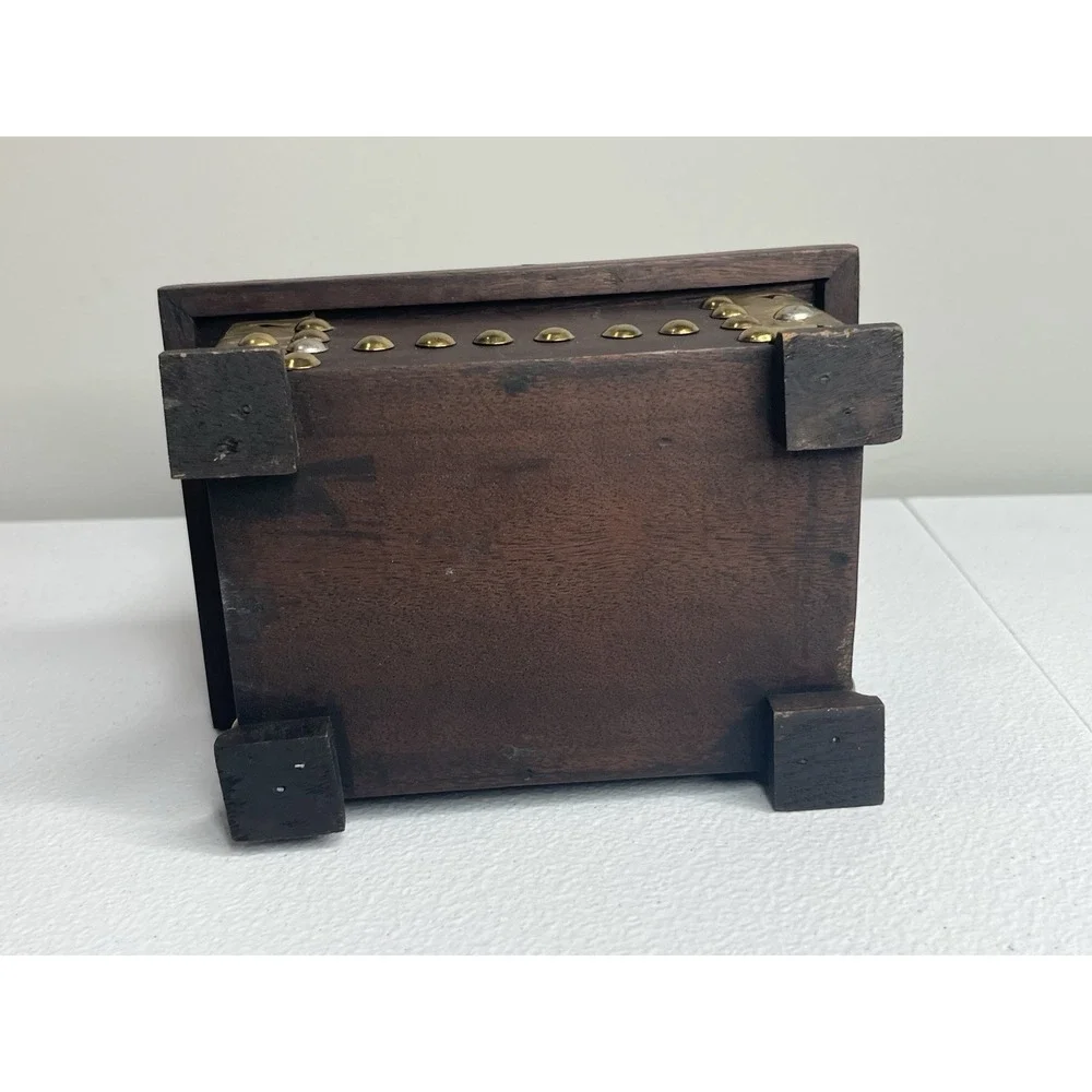 Vtg Handmade Wooden Trinket Box With Hammered‎ Brass Tacks